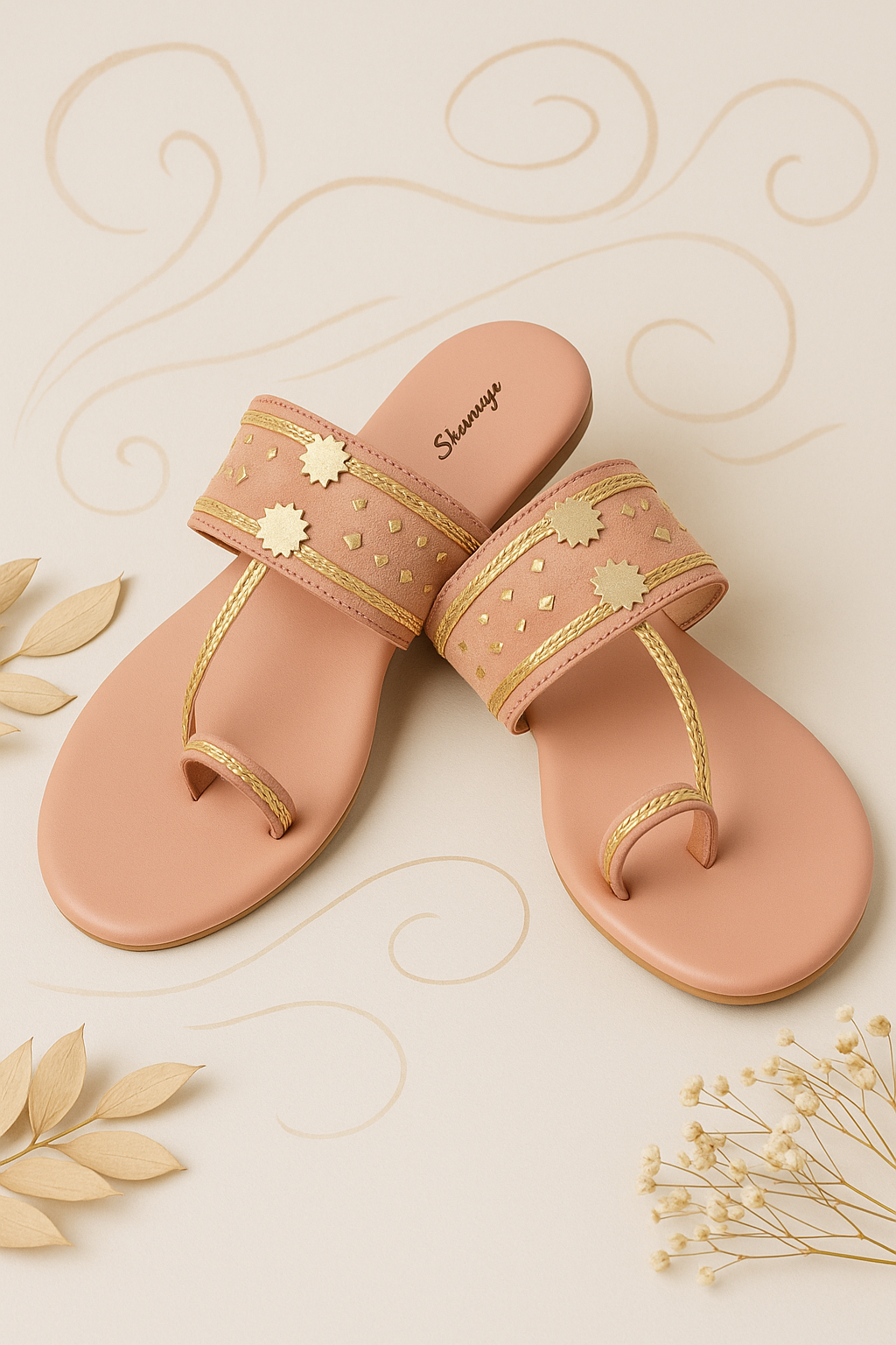 Shunya Women Comfortable Peach Ethnic Traditional Style Kolhapuri Flat Slip-On Sandal for Traditional and Wedding occassions