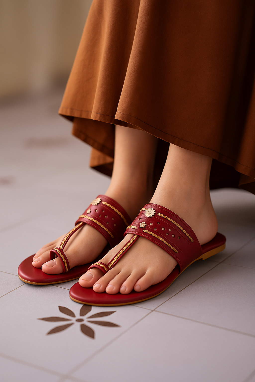 Shunya Women Comfortable Cherry Ethnic Traditional Style Kolhapuri Flat Slip-On Sandal for Traditional and Wedding occassions