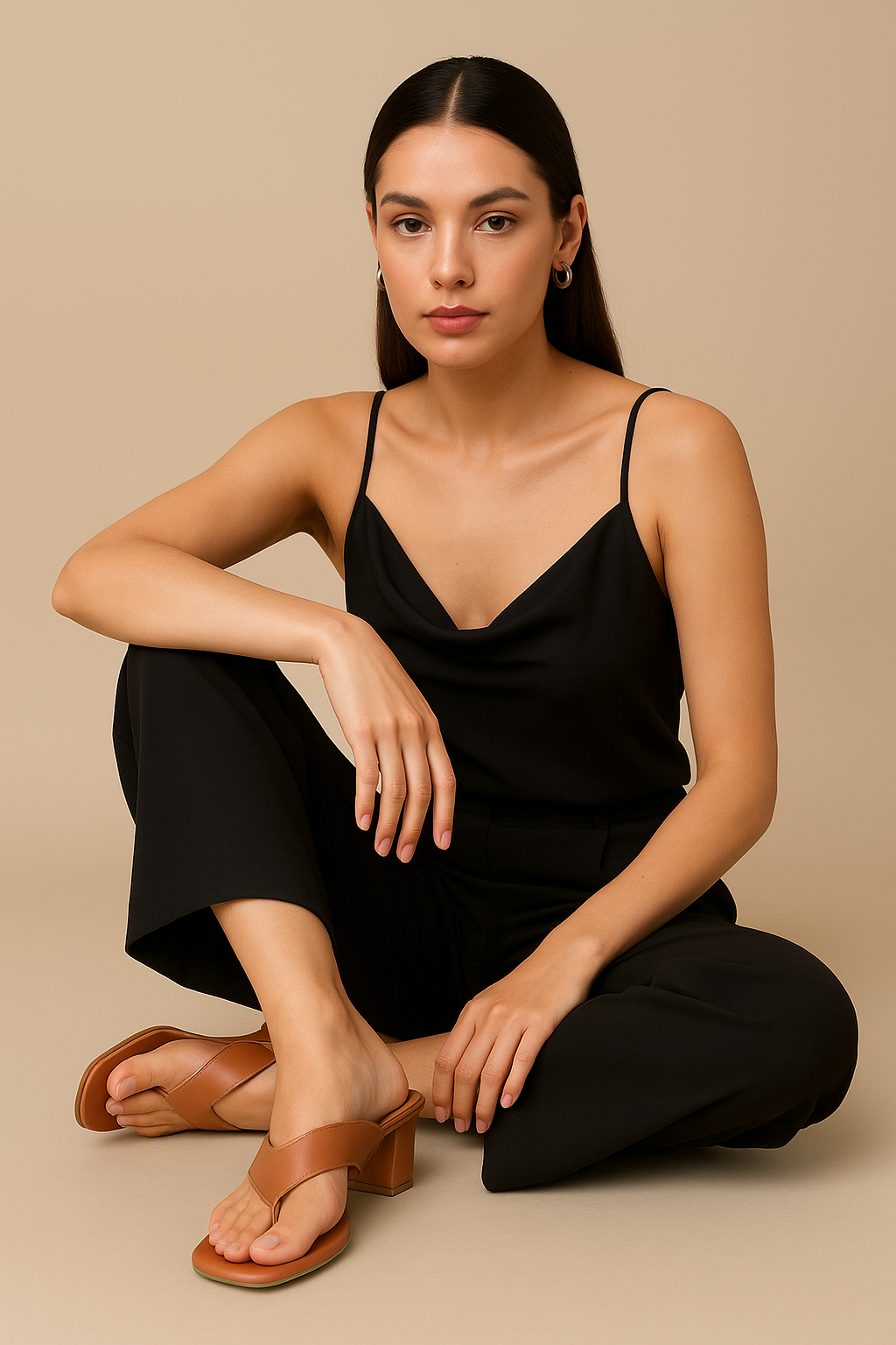 Shunya Women Comfortable Tan Square toe Thong Slip-on Block Heel Sandal For Official and Casual occassions