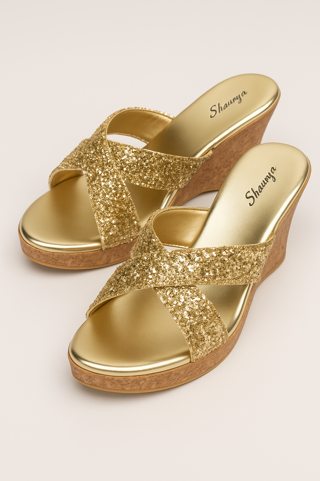 Shunya Women's Gold Sparkle Criss Cross Wedge Sandals | Classy Open Round Toe Wedges | Comfortable Light weight Stylish Slippers | Trendy Criss Cross Pattern For Casual and Wedding Occassions.