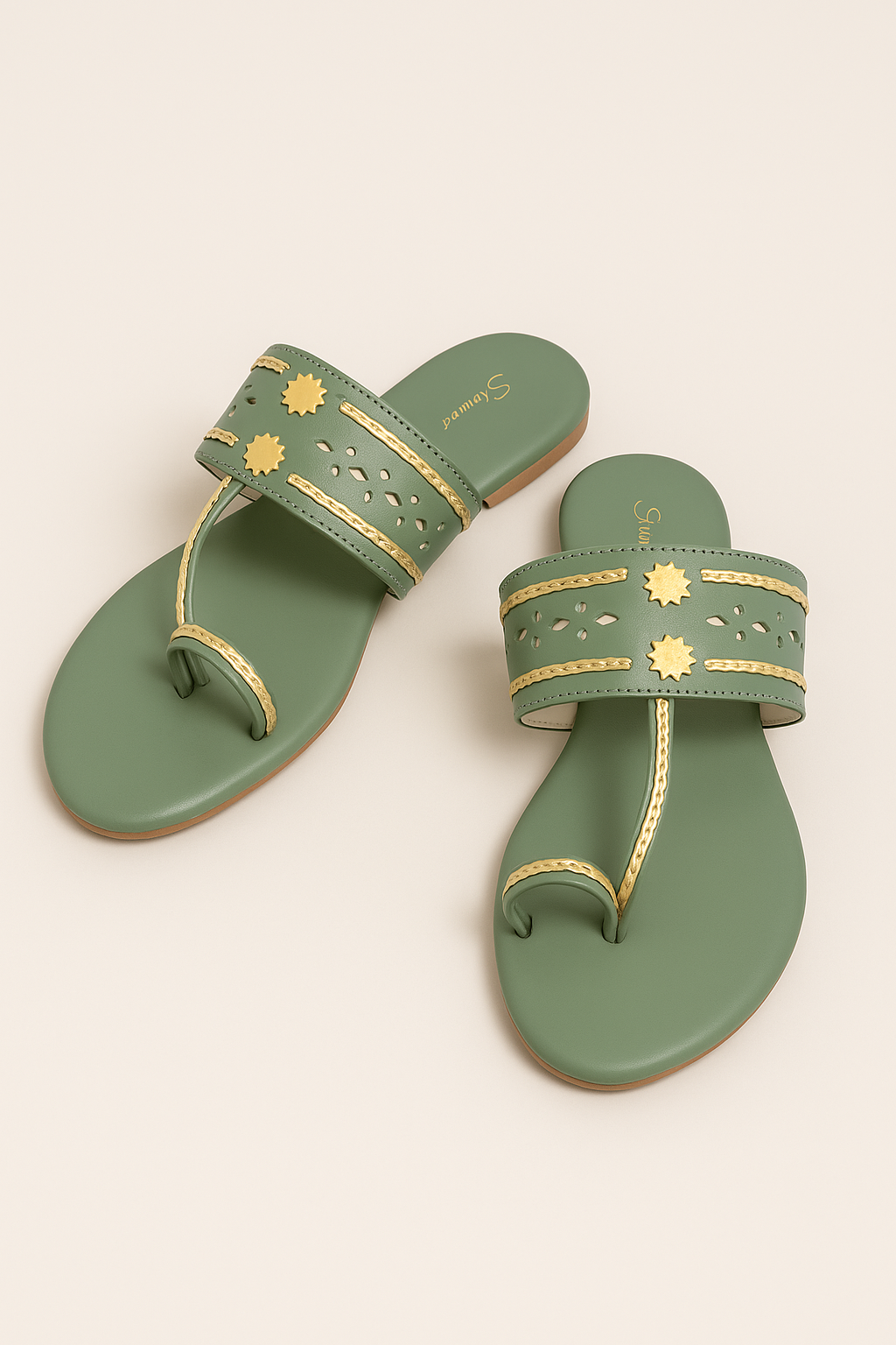 Shunya Women Comfortable Green Ethnic Traditional Style Kolhapuri Flat Slip-On Sandal for Traditional and Wedding occassions