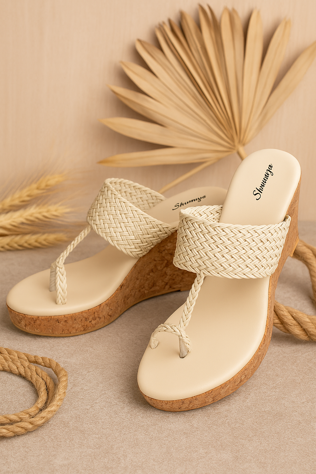 Beige Braided Toe Ring Wedge Sandal