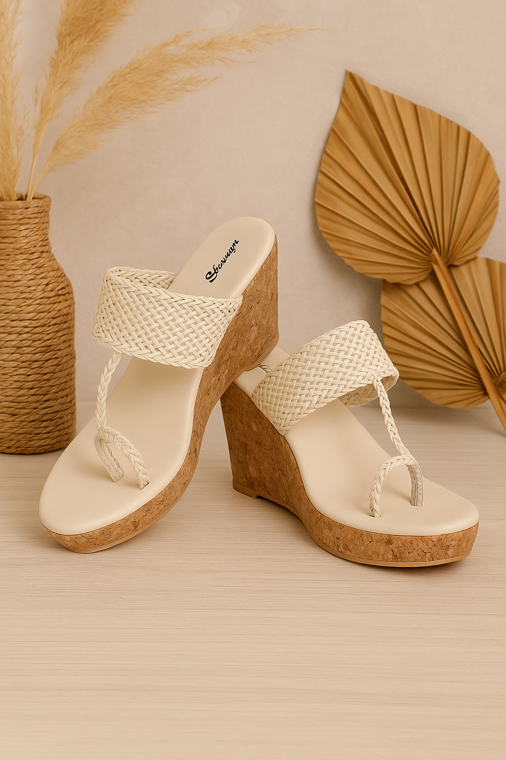 Beige Braided Toe Ring Wedge Sandal