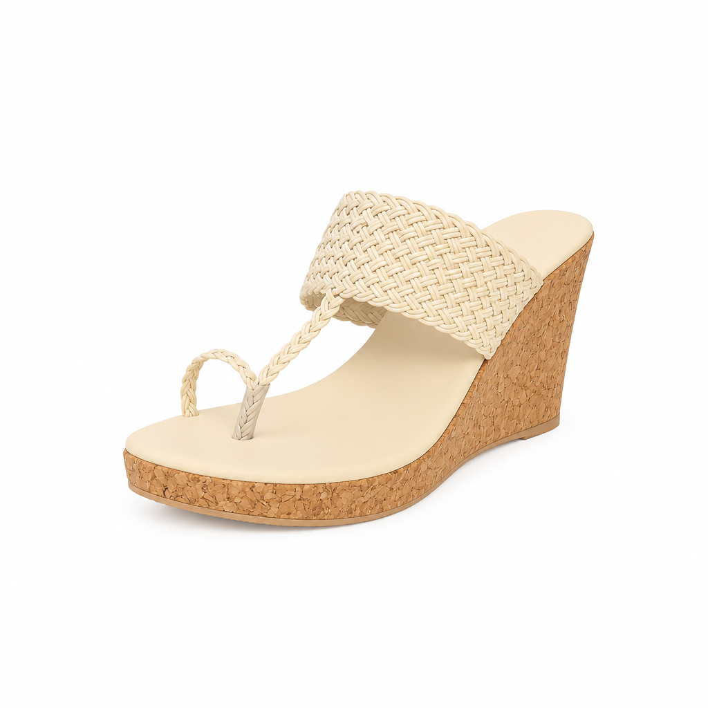 Beige Braided Toe Ring Wedge Sandal
