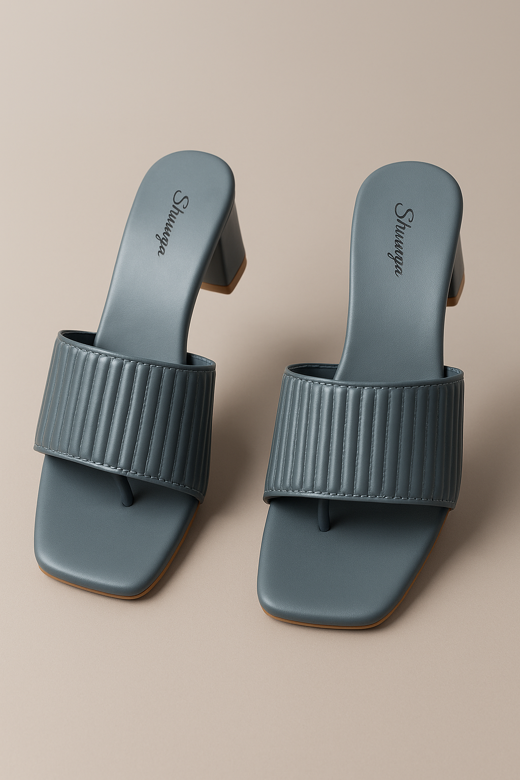 Shunya Women Grey Textured Block Heel Mules for Women – Elegant Square-Toe Slip-On Sandals