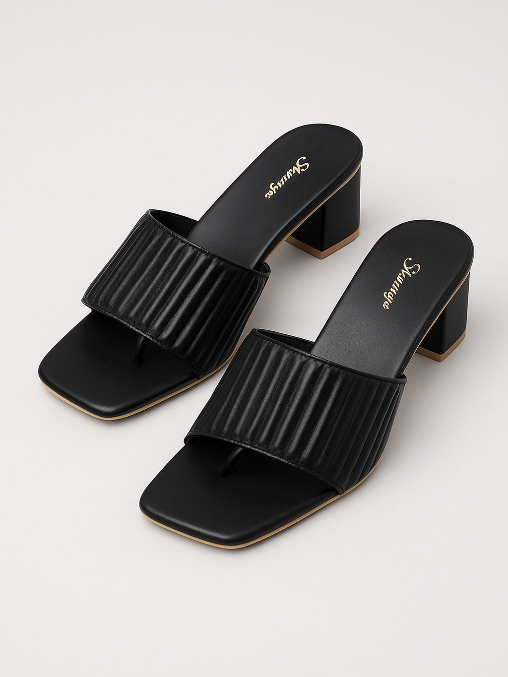 Shunya Women Black Textured Block Heel Mules for Women – Elegant Square-Toe Slip-On Sandals