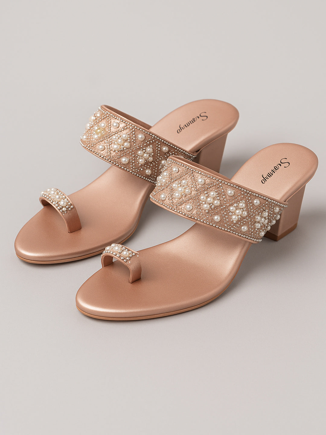 Champagne Gold Pearl Embellished Block Heel Toe-Ring Sandals