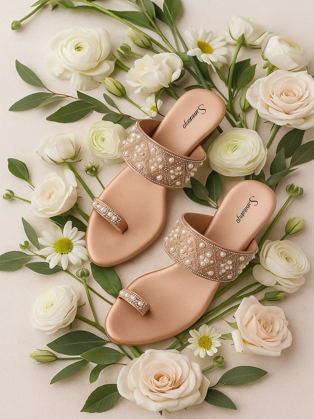 Champagne Gold Pearl Embellished Block Heel Toe-Ring Sandals