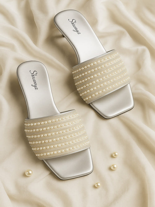 Elegant Pearl Embellished Slip-On Heeled Sandals