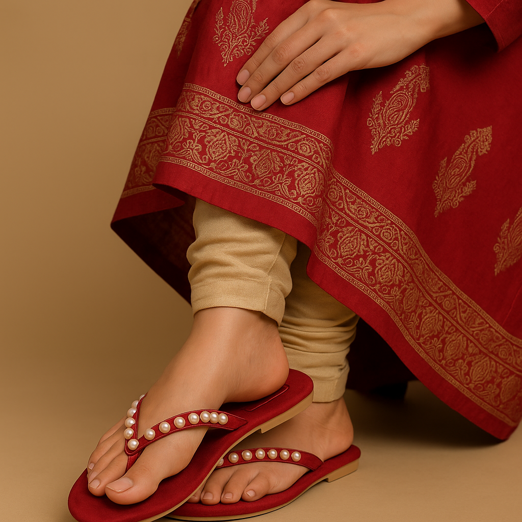 Red Pearl Embellished V-Strap Flat Sandals