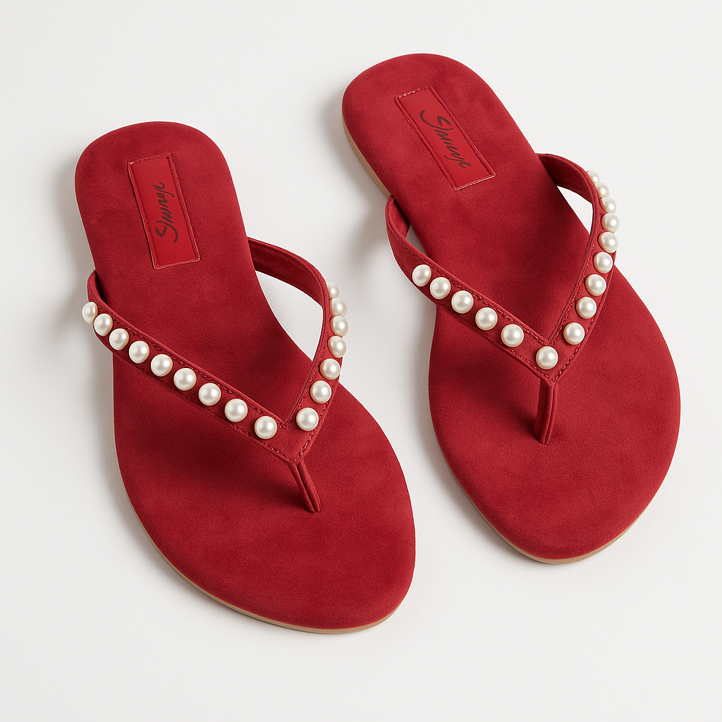 Red Pearl Embellished V-Strap Flat Sandals