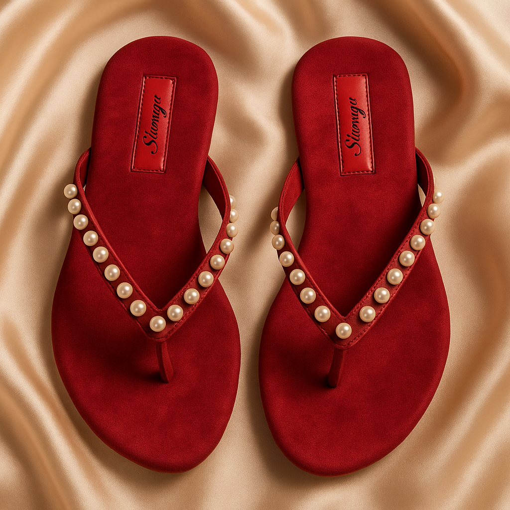 Red Pearl Embellished V-Strap Flat Sandals
