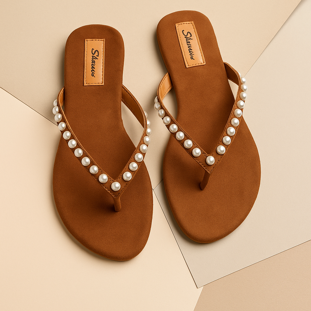 Tan Pearl Embellished V-Strap Flat Sandals