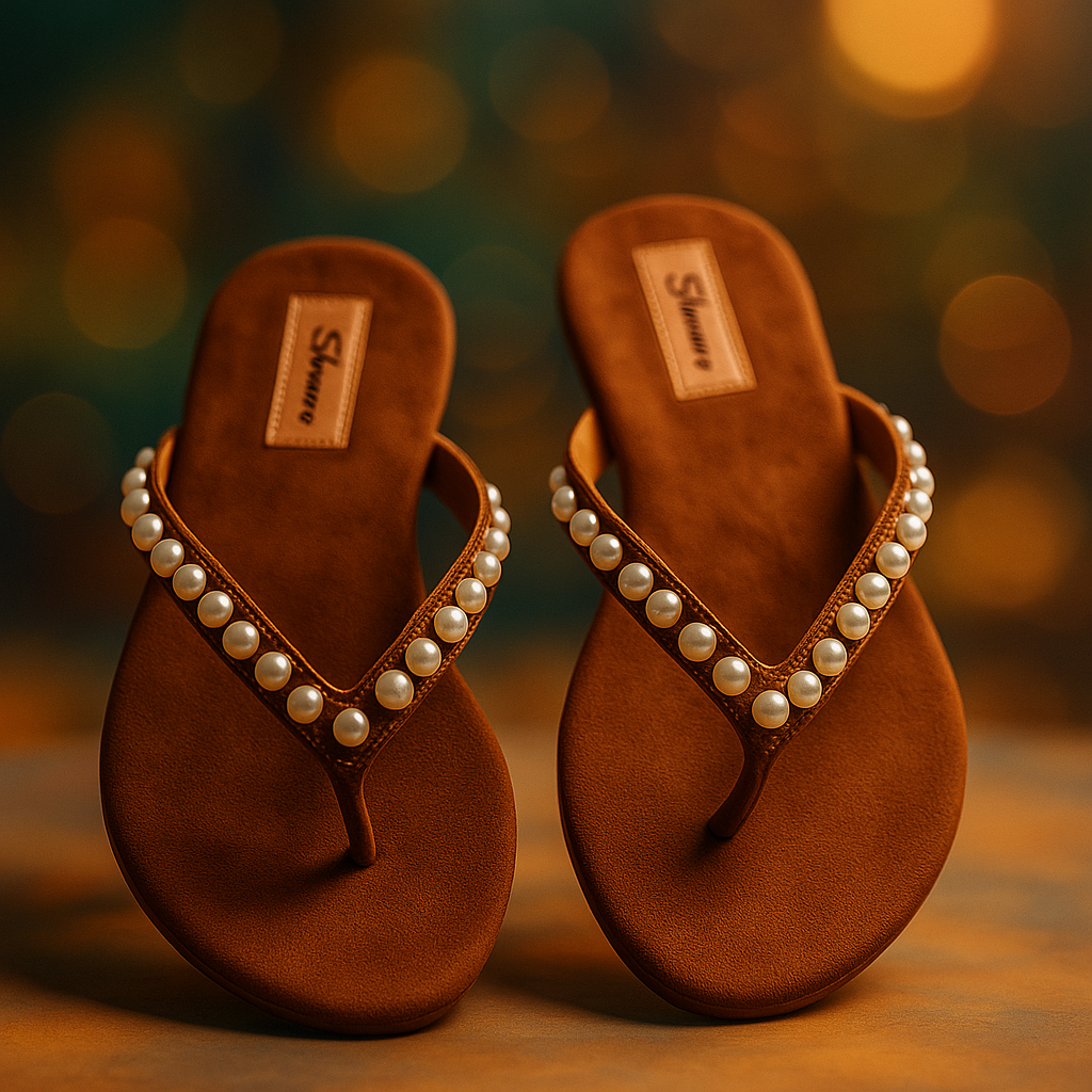 Tan Pearl Embellished V-Strap Flat Sandals