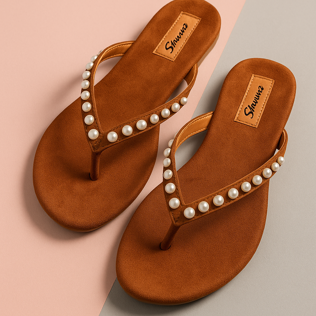 Tan Pearl Embellished V-Strap Flat Sandals