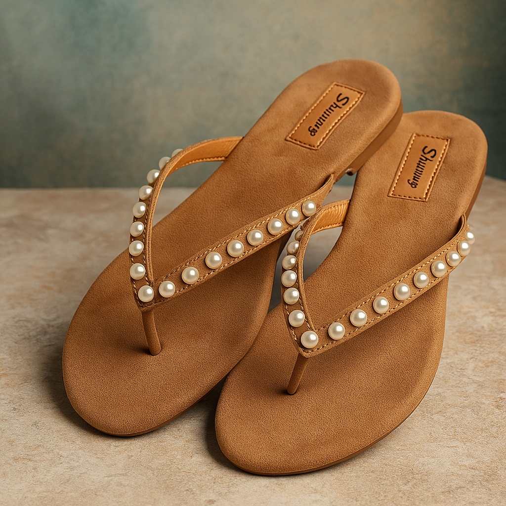 Shunya Women’s Brown Pearl Embellished V-Strap Flat Sandals | Comfortable Daily Wear Flip-Flops | Trendy Casual & Ethnic Footwear