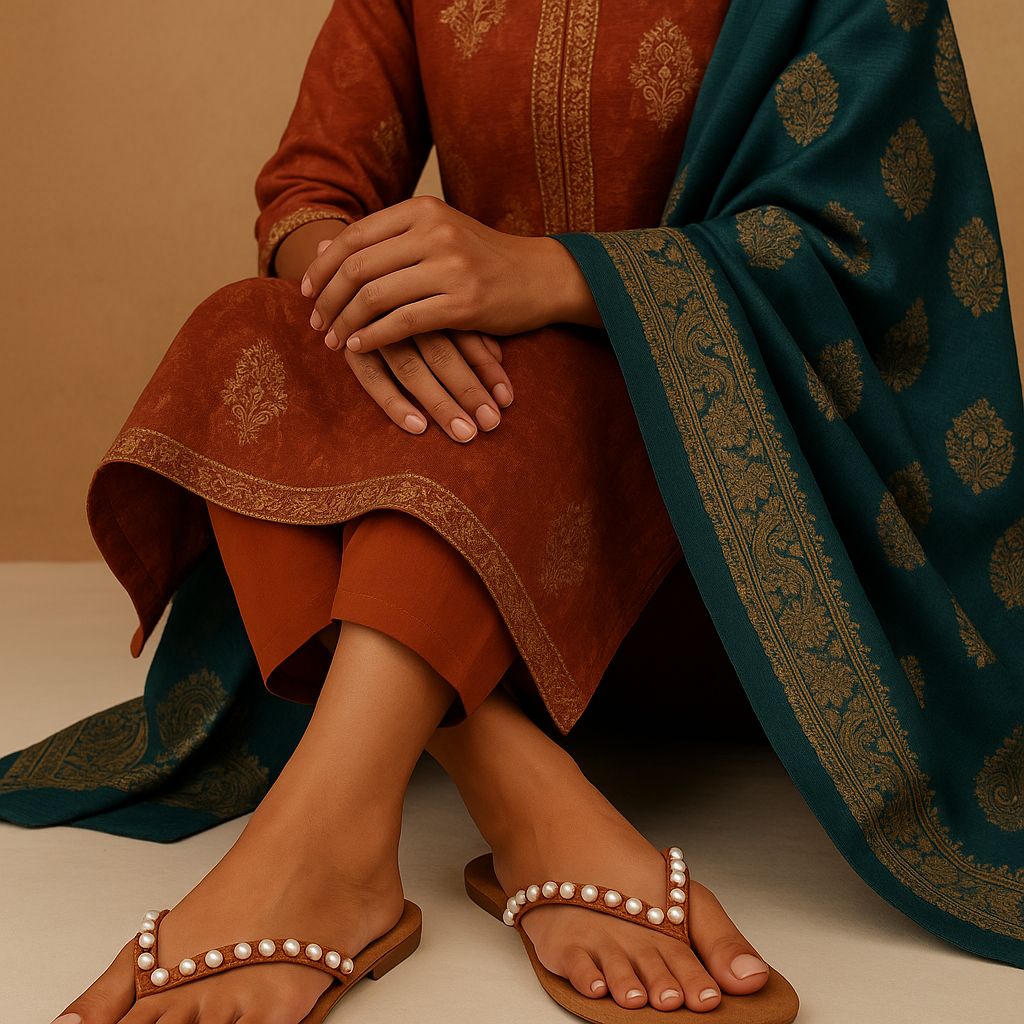 Shunya Women’s Brown Pearl Embellished V-Strap Flat Sandals | Comfortable Daily Wear Flip-Flops | Trendy Casual & Ethnic Footwear