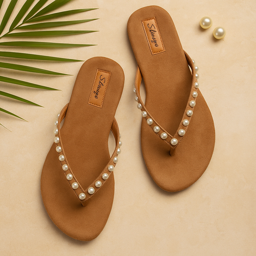 Elegant Cream Pearl-Studded Toe-Post Flat Sandals