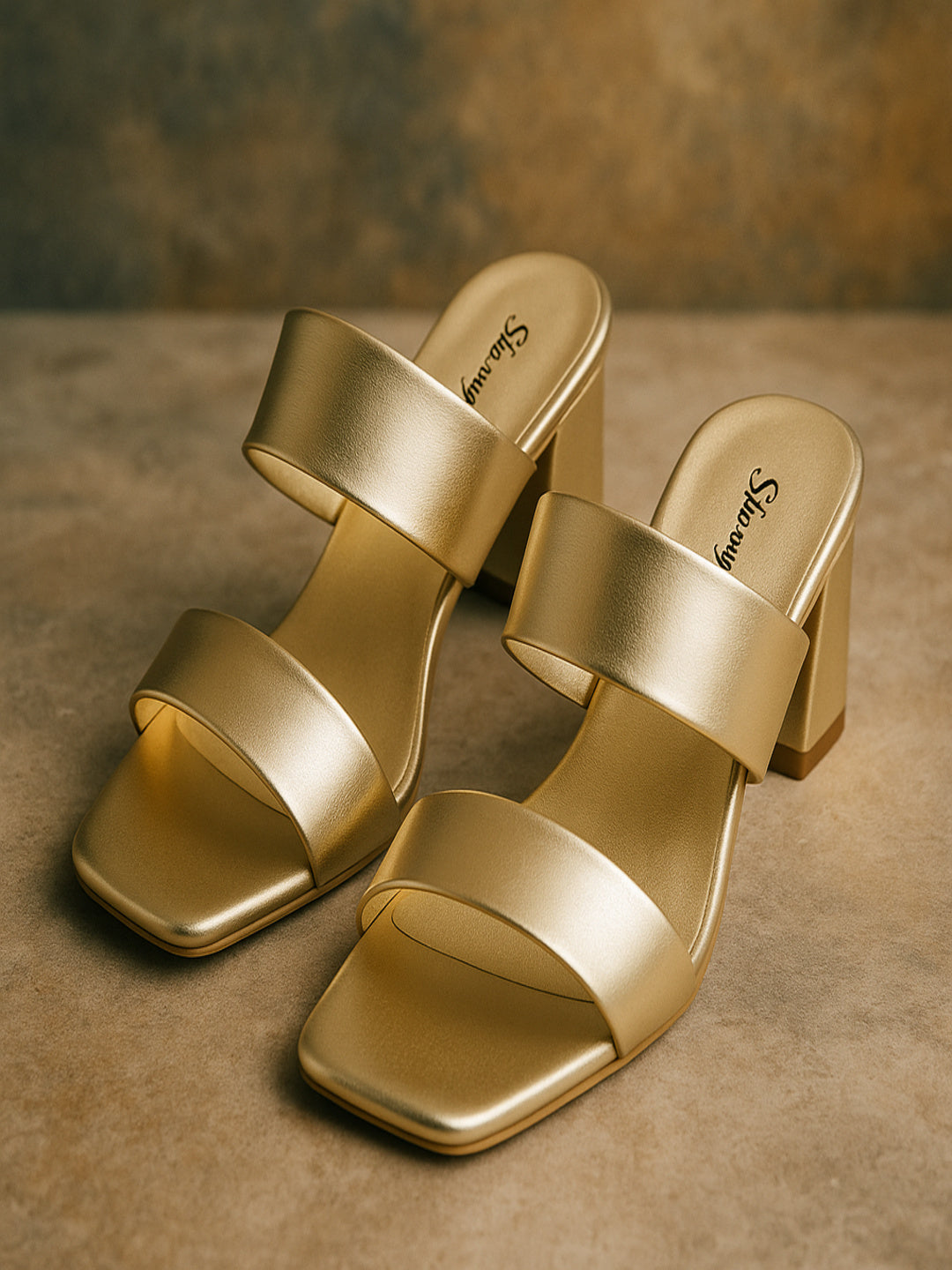 Women’s Gold Block Heel Sandals with Dual Strap Design | Elegant Party & Festive Wear Heels