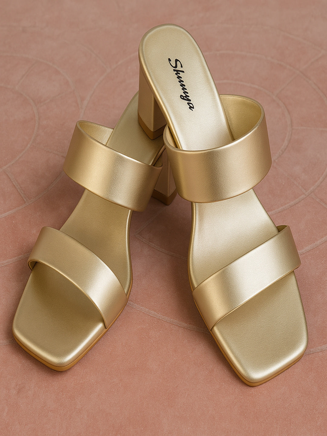 Women’s Gold Block Heel Sandals with Dual Strap Design | Elegant Party & Festive Wear Heels
