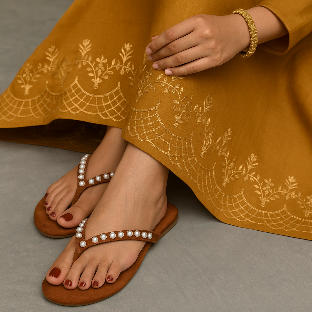 Tan Pearl Embellished V-Strap Flat Sandals