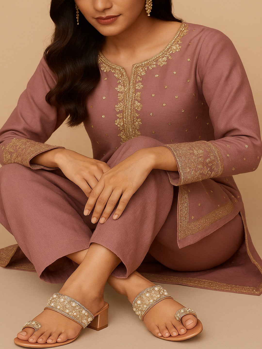 Champagne Gold Pearl Embellished Block Heel Toe-Ring Sandals