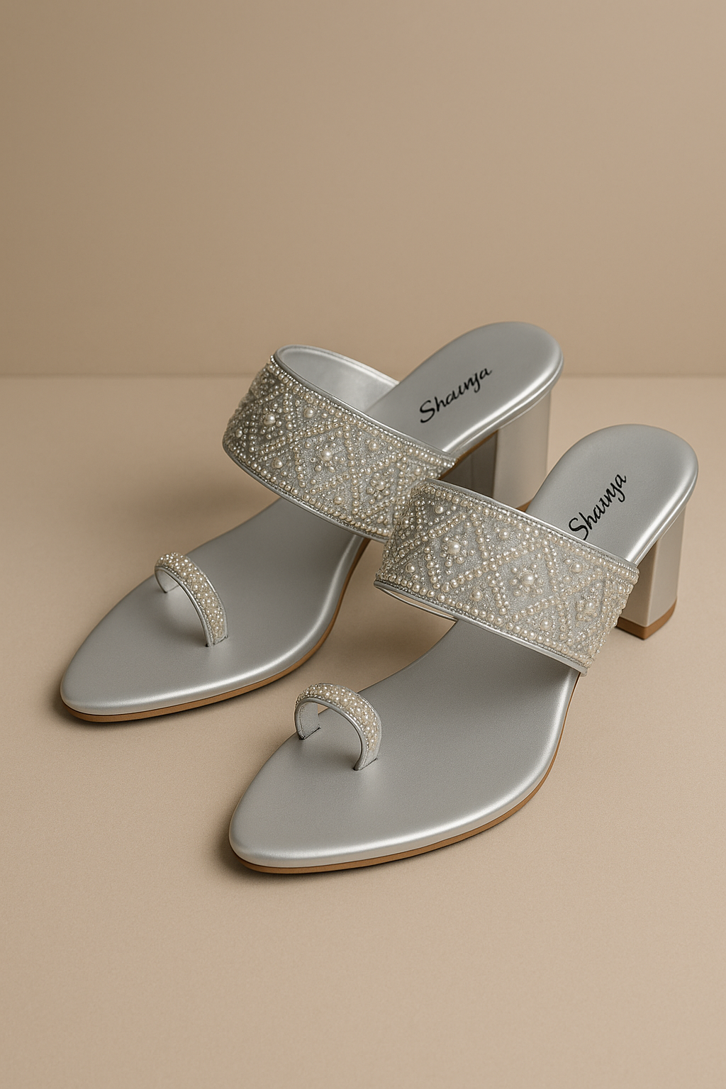 Shunya Women Silver Pearl & Bead Embellished Ethnic sandal | Premium Festive & Wedding Wear Slip-On Block Heel