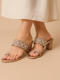 Champagne Gold Pearl Embellished Block Heel Toe-Ring Sandals