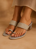 Silver Pearl Embellished Toe-Ring Block Heel Slip-On Sandals