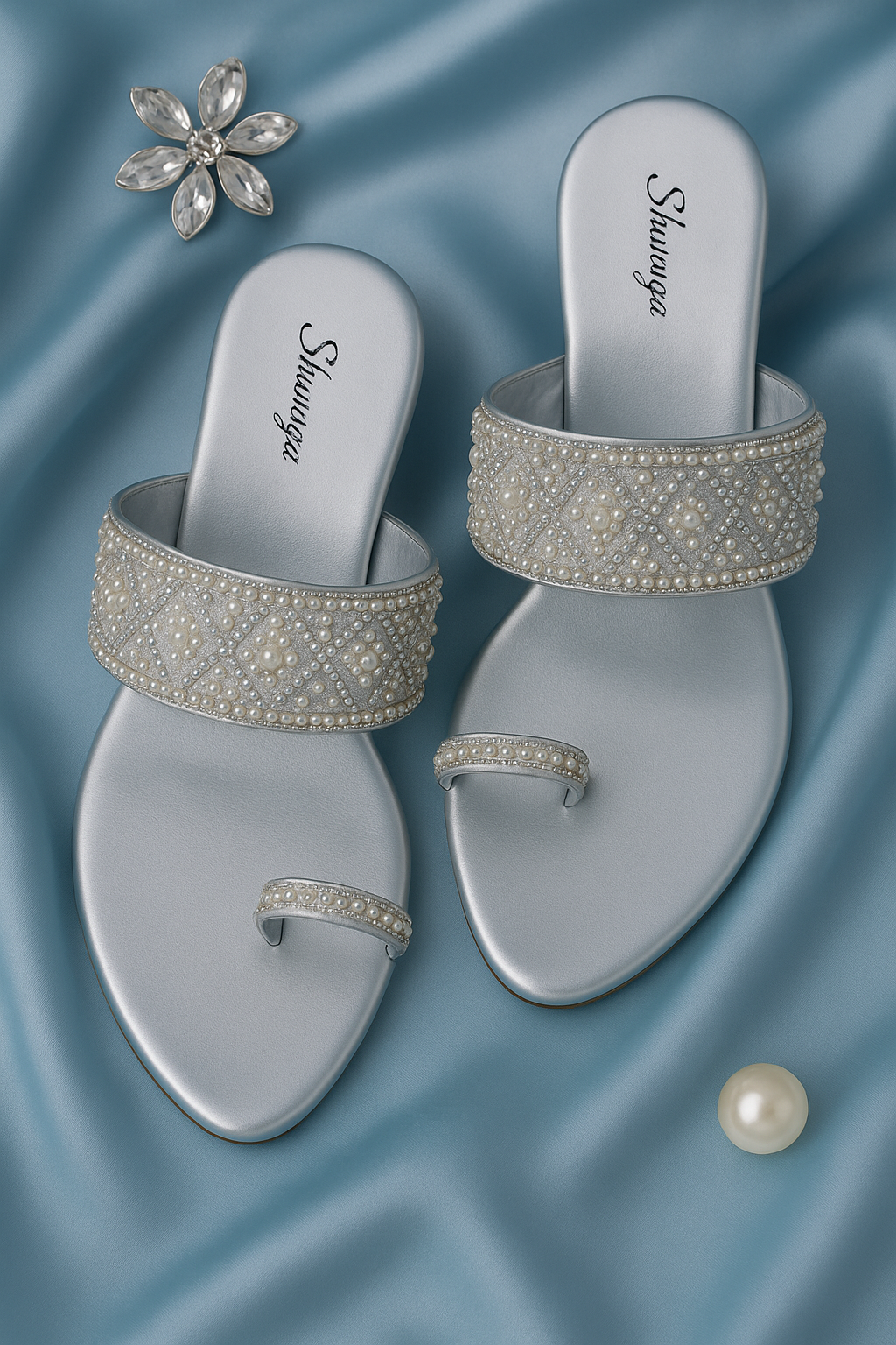 Shunya Women Silver Pearl & Bead Embellished Ethnic sandal | Premium Festive & Wedding Wear Slip-On Block Heel