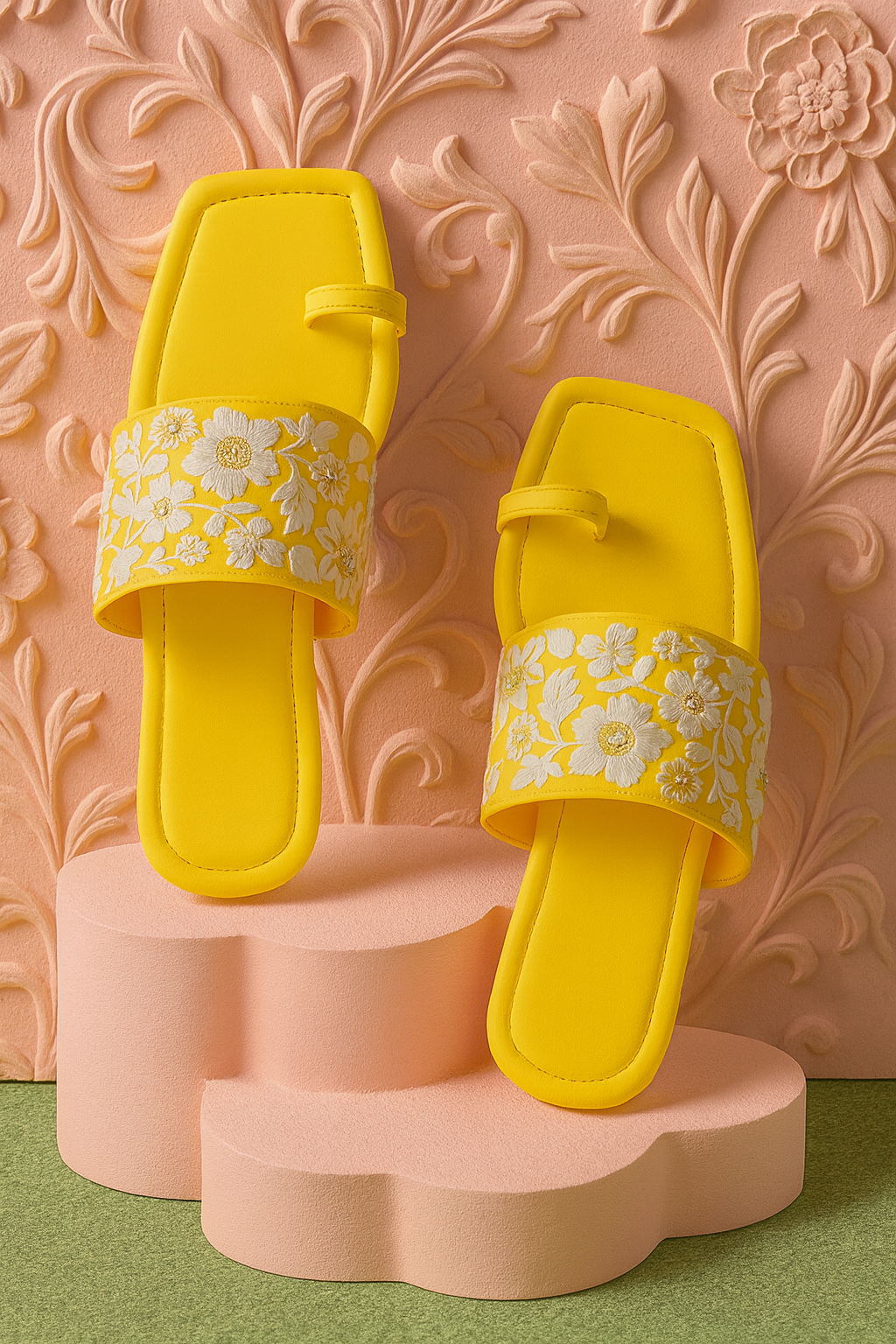 Shunya Women Yellow Floral Embroidered Toe-Ring Flats | Festive Ethnic Slip-On Sandals | Comfortable Daily Wear Footwear