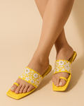 Shunya Women Yellow Floral Embroidered Toe-Ring Flats | Festive Ethnic Slip-On Sandals | Comfortable Daily Wear Footwear