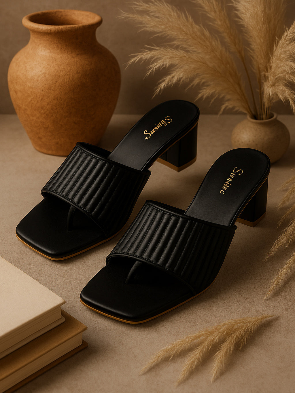 Shunya Women Black Textured Block Heel Mules for Women – Elegant Square-Toe Slip-On Sandals