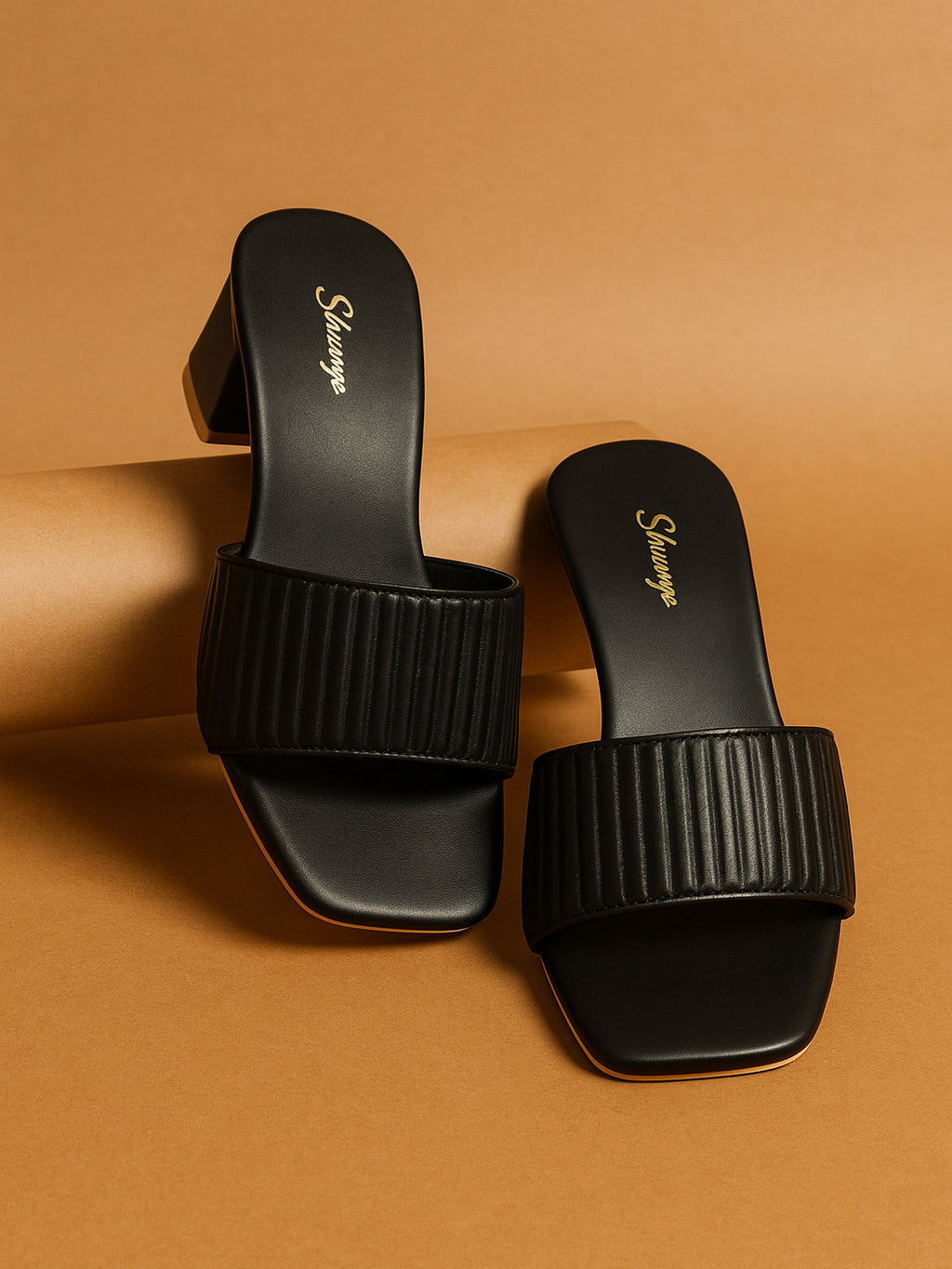 Shunya Women Black Textured Block Heel Mules for Women – Elegant Square-Toe Slip-On Sandals