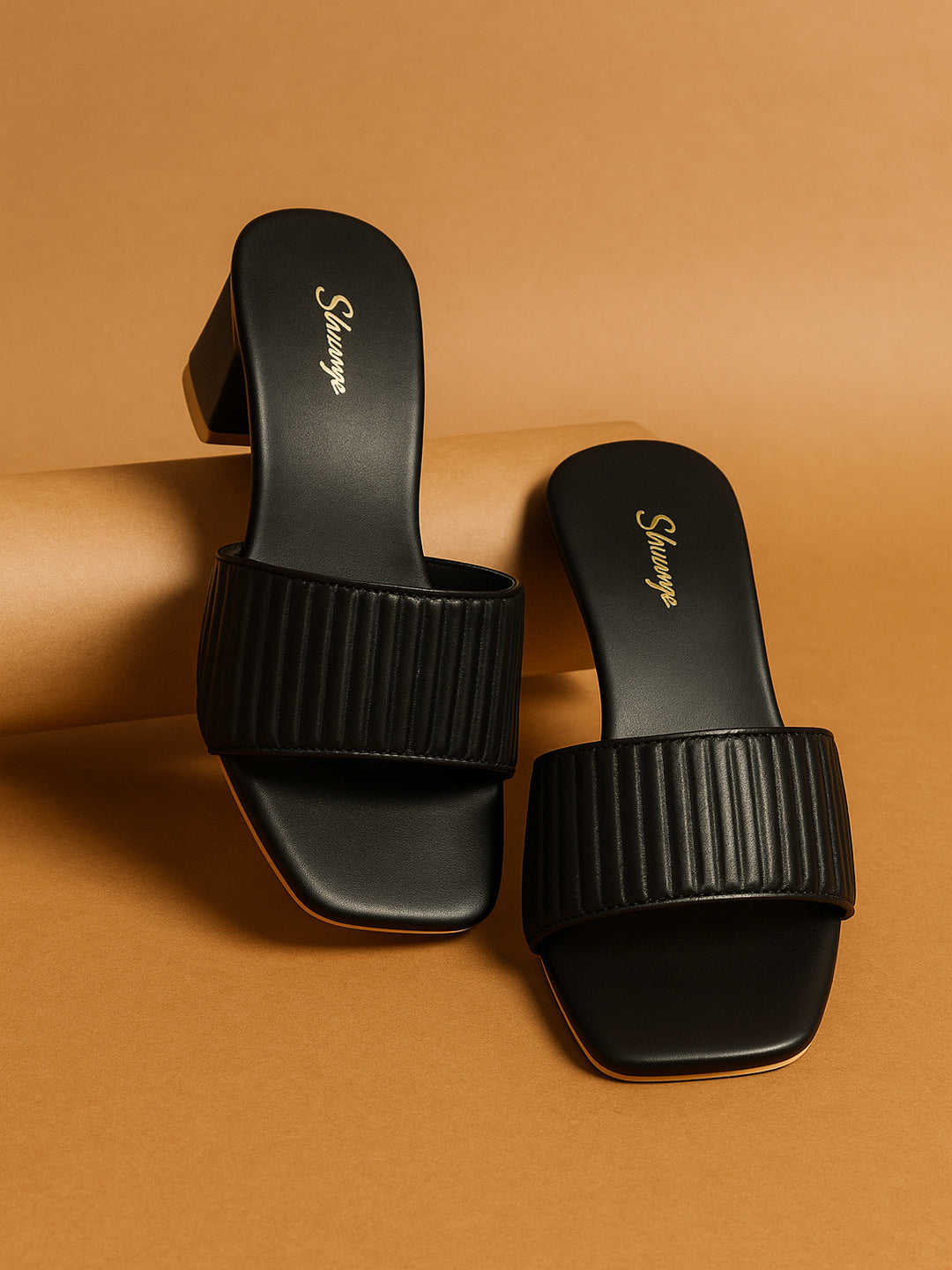 Shunya Women Black Textured Block Heel Mules for Women – Elegant Square-Toe Slip-On Sandals