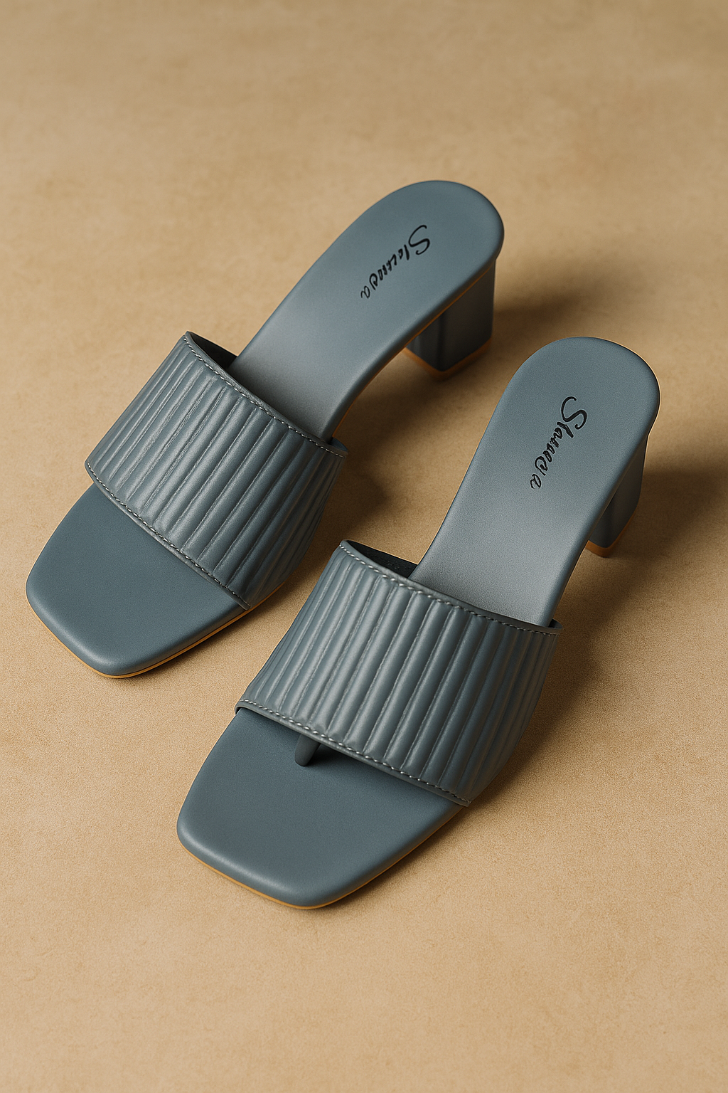 Shunya Women Grey Textured Block Heel Mules for Women – Elegant Square-Toe Slip-On Sandals