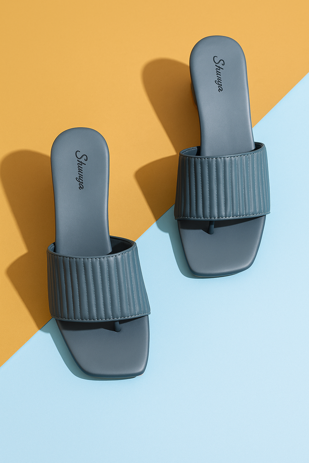 Shunya Women Grey Textured Block Heel Mules for Women – Elegant Square-Toe Slip-On Sandals