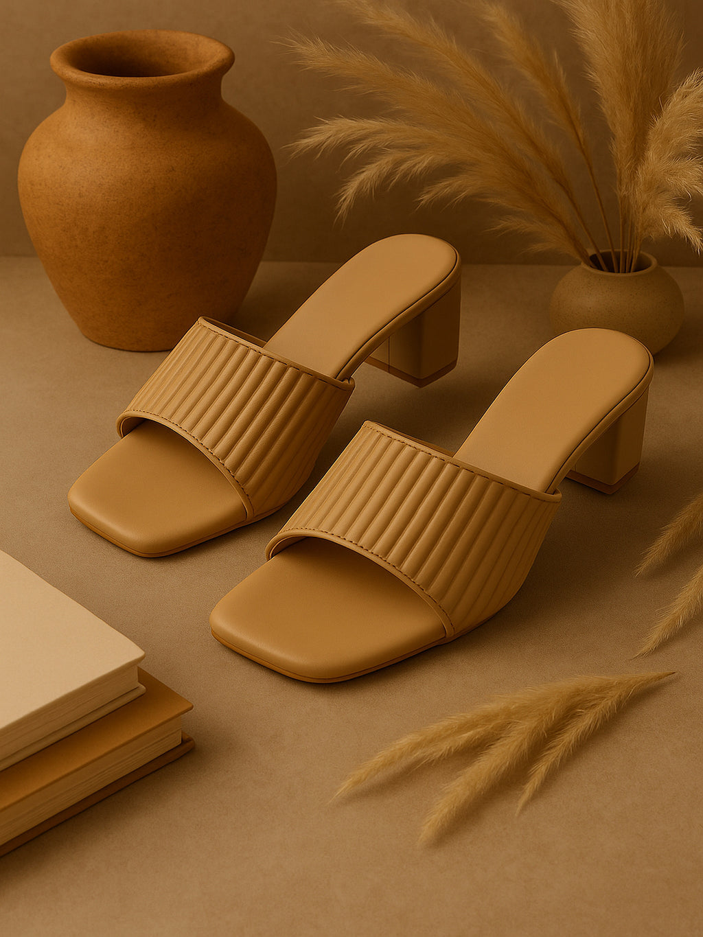 Shunya WomenTan Textured Block Heel Mules for Women – Elegant Square-Toe Slip-On Sandals