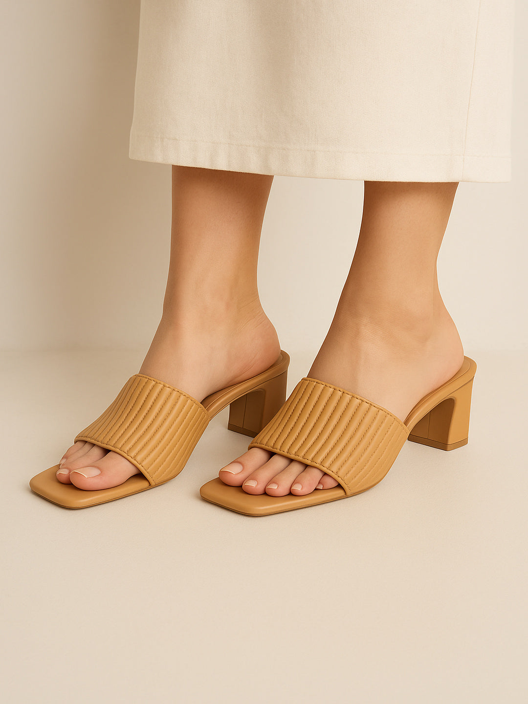 Shunya WomenTan Textured Block Heel Mules for Women – Elegant Square-Toe Slip-On Sandals