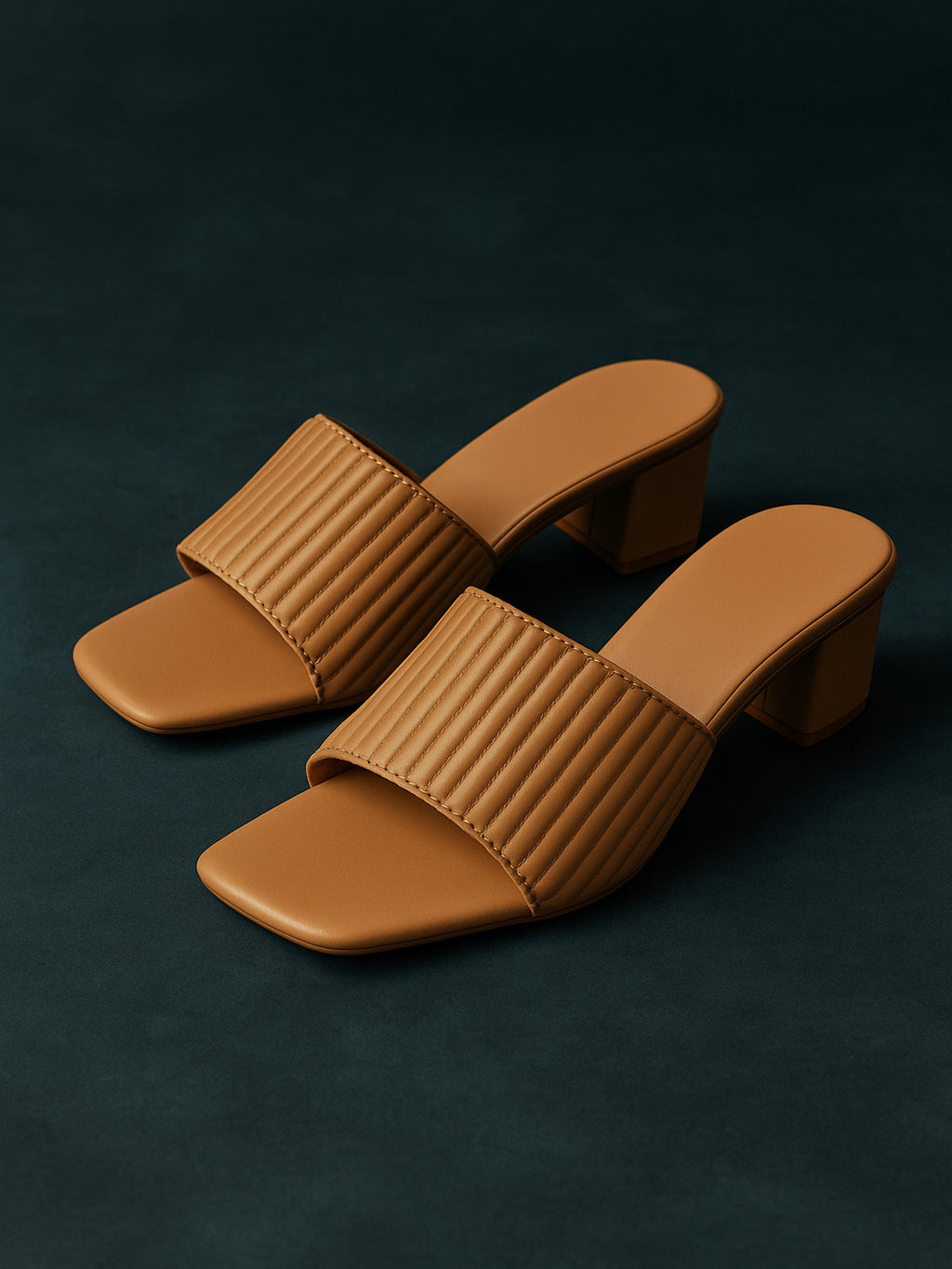 Shunya WomenTan Textured Block Heel Mules for Women – Elegant Square-Toe Slip-On Sandals