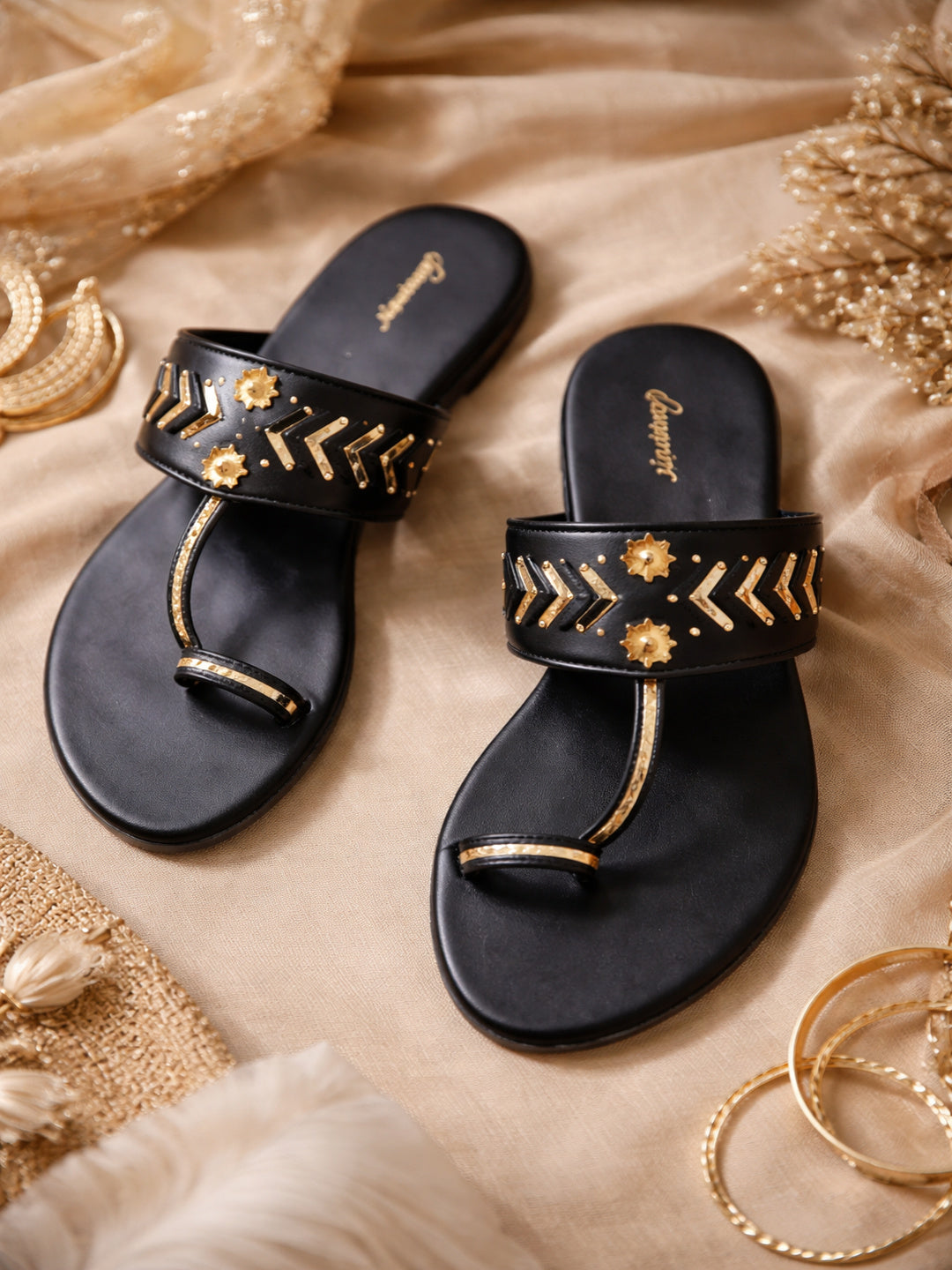 Shunya Women Black Ethnic Kolhapuri Flats with Toe Ring | Traditional Handcrafted Slip-On Sandals for Daily & Festive Wear