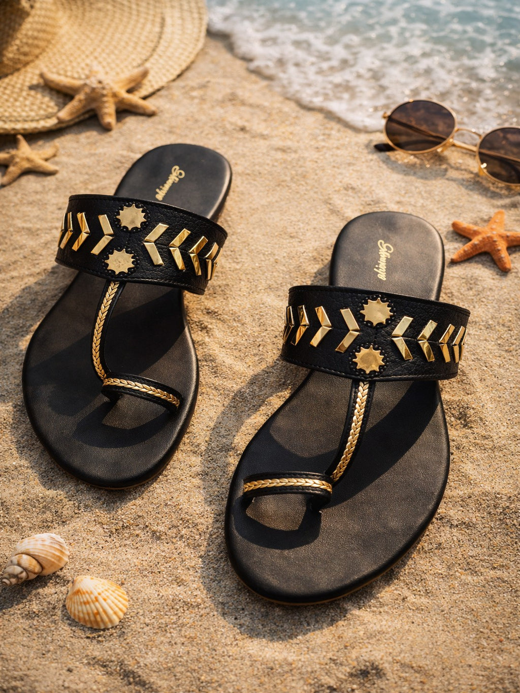 Black & Gold Embellished Toe-Ring Flat Sandals