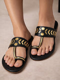 Black & Gold Embellished Toe-Ring Flat Sandals