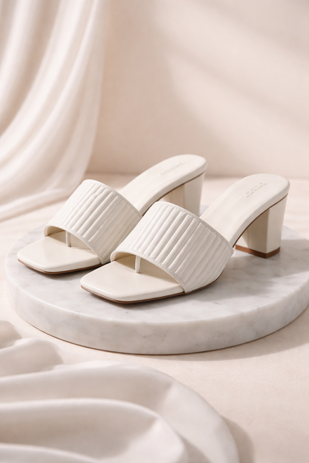 Shunya Women White Textured Block Heel Mules for Women – Elegant Square-Toe Slip-On Sandals