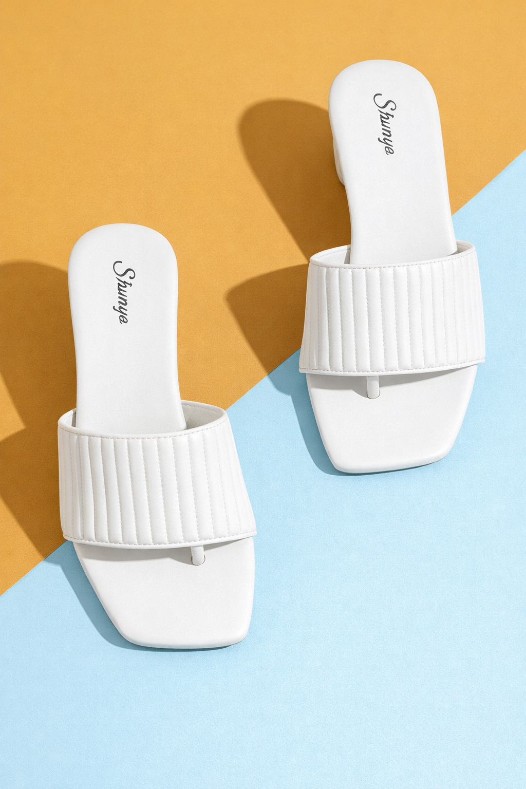 Shunya Women White Textured Block Heel Mules for Women – Elegant Square-Toe Slip-On Sandals