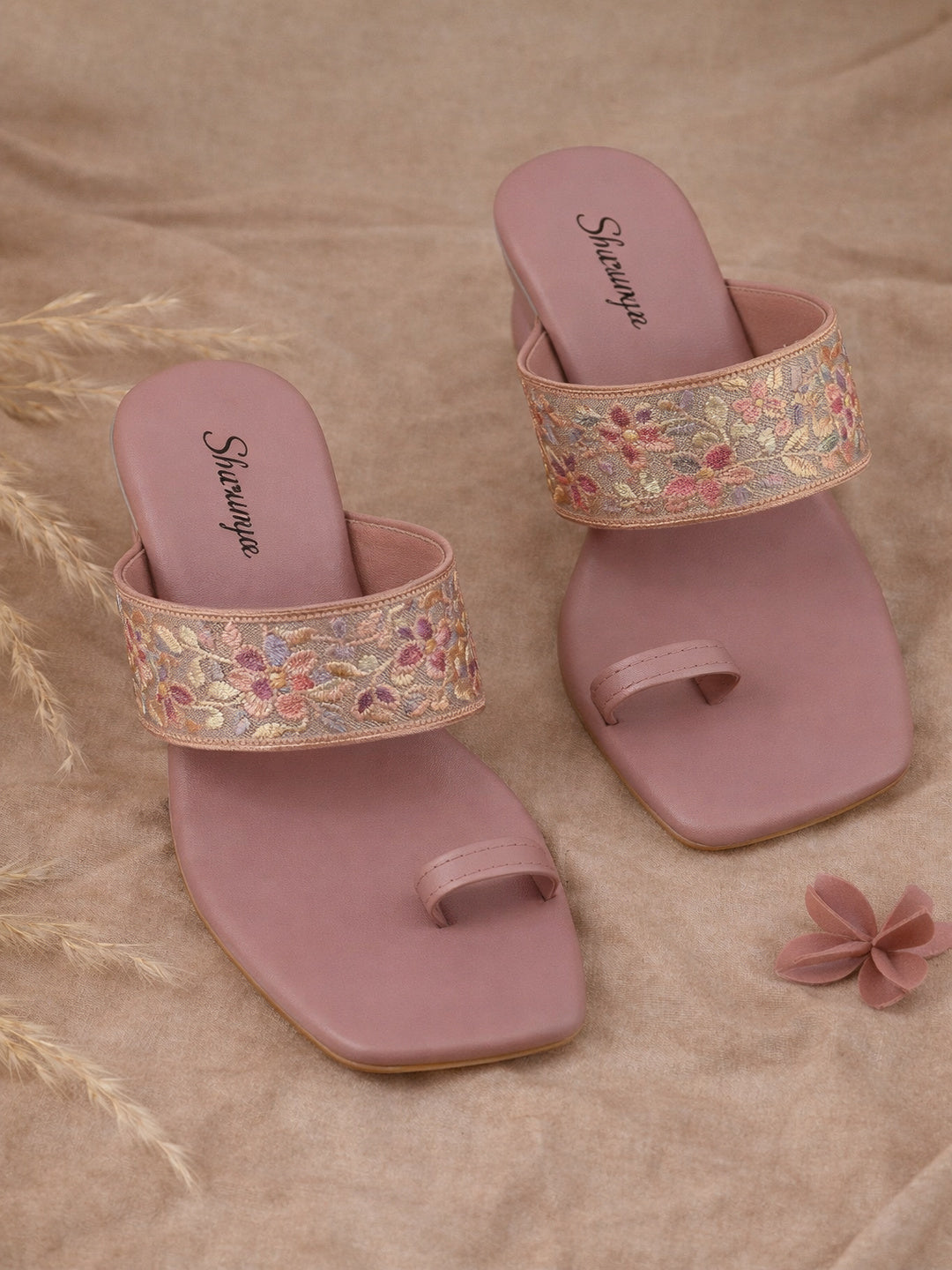 Shunya Women Embroidered Peach Block Heel Sandals for Women – Festive Ethnic wear Footwear