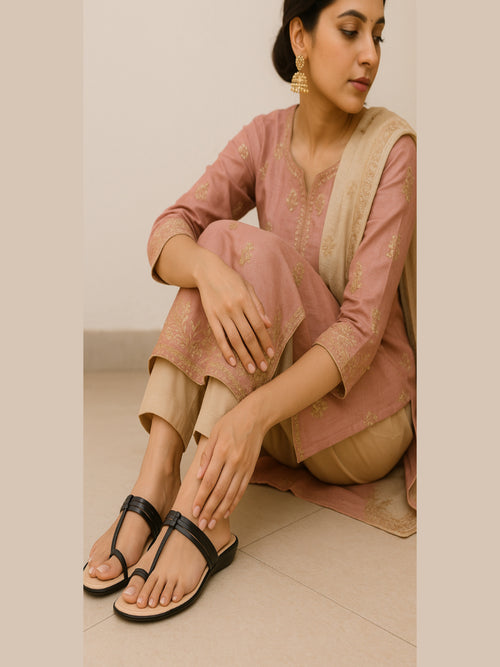 Black T-Strap Toe-Ring Flats