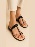 Shunya Women’s Black Toe Ring Flats | Stylish Ethnic & Casual Slip-On Sandals | Comfortable Daily Wear Footwear for Women & Girls