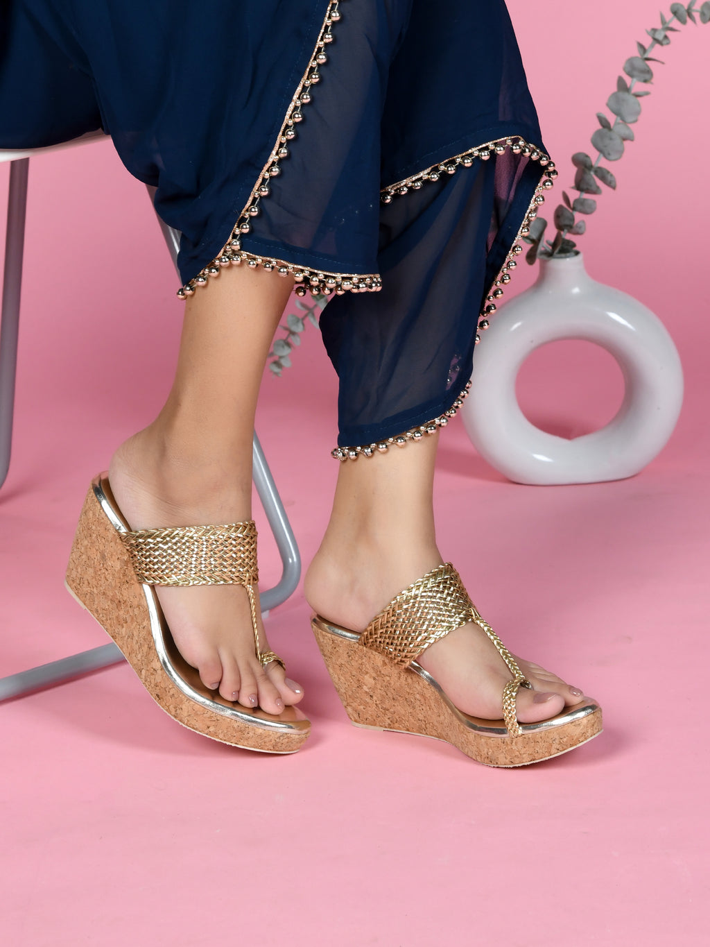 Shunya Women Comfortable Gold Braided Straps Open Round toe Wedge Toe Ring Slip-On Sandal For Casual and Wedding Occassions