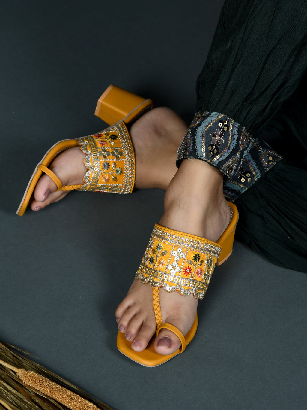 Shunya Women Comfortable Yellow Ethnic toe ring Hand Embroidery lace Open Square Toe Block Heel Slip-On Sandal For Traditional and Wedding Occassions